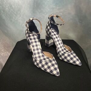 Draper James RSVP Bianca Navy Gingham Block Heel Ankle Strap‎ Pumps Womens 7.5